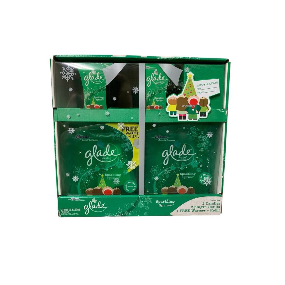 Glade‎ Sparkling Spruce Holiday Gift Set 2 Candles 3 PlugIn Refills Warmer Green